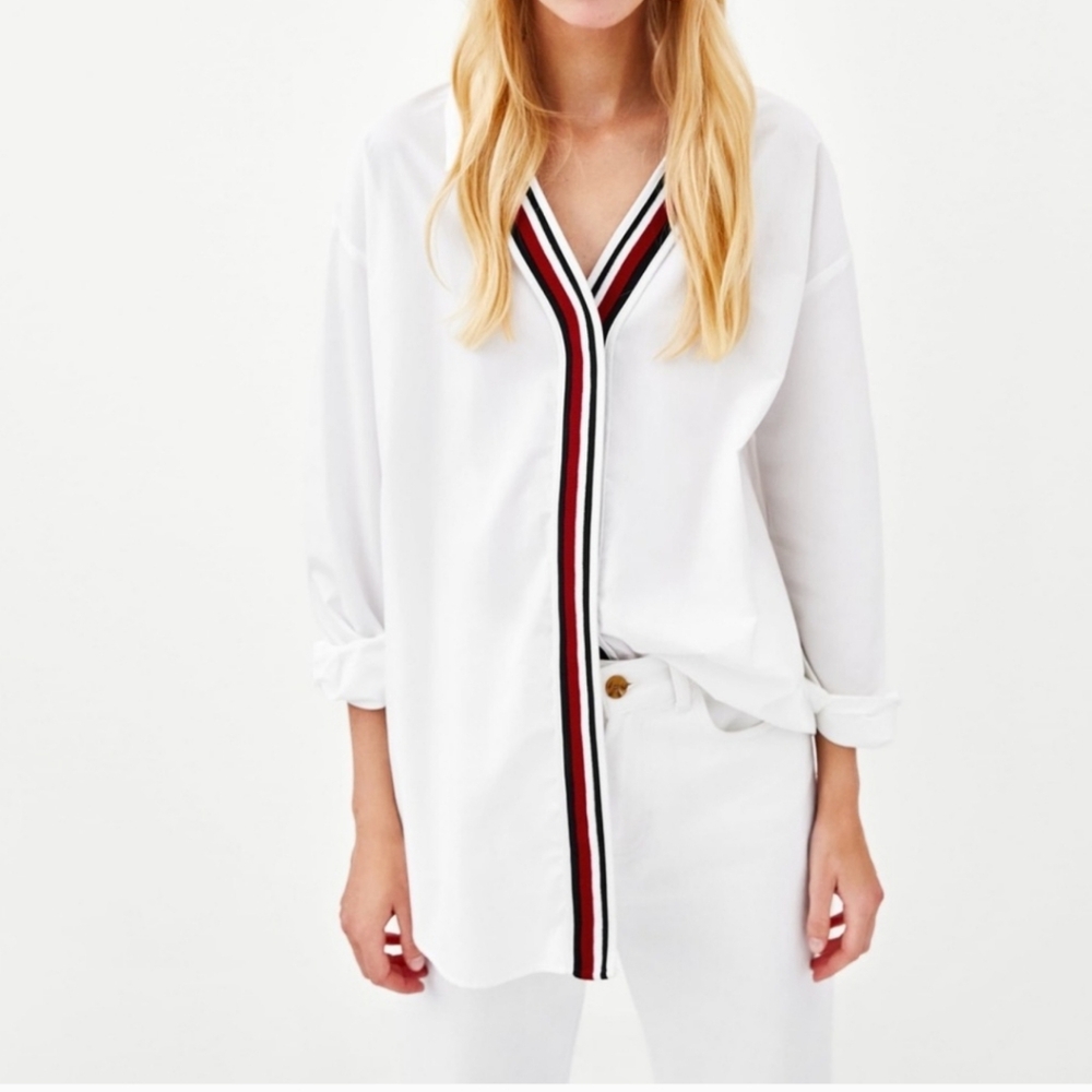 Zara trf white poplin shirt with ribbed placket M